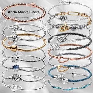 925 Sterling Silver Fashion 925 Sterling Silver Bracelet, Margarita armband, T-Bar, Heart, Moment, Snake Chain, DIY