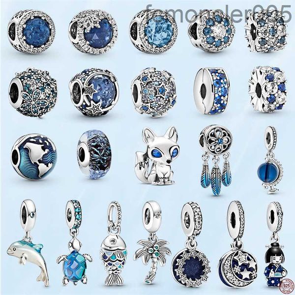 925 Sterling Silver Fish Turtle Sea and Blue Eyed Fox Blue Series Charm Bracelet ou collier Pendants Lady Cadeau avec sac d'origine Wex2