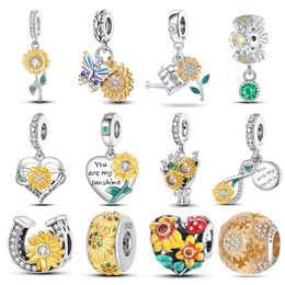 Breloques pandoras en argent Sterling 925, perles, à la mode, cœur de tournesol doré