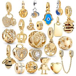 925 Sterling Silver Fit Pandoras Charms Bracelet Perles charme Gold Couleur Family Tree Coeur Couronne Pendant