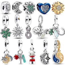 925 Sterling Silver Fit Pandoras Charms Bracelet Beads Charm vierbladige klaverzon en maanset