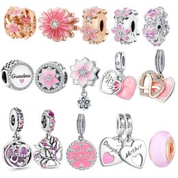 925 Sterling Silver Fit Pandoras Charms Bracelet Perles Charme Pendants Pink Charms Magnolia Flower Heart Infinity Love Mom