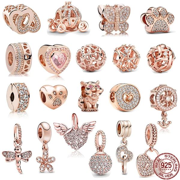 925 Sterling Silver Fit Pandoras Charms Bracelet Perles Charme Rose Gold plaqué Prim de patte étincelante