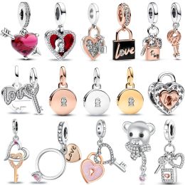 925 Sterling Silver Fit Women Charms Bracelet Beads Charm Rose Gold Hanglock en Love Key Charm