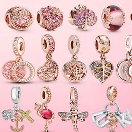 925 Sterling Silver Flamingo Feuille Rose Fleur Charme CZ Perles De Luxe Fit Pandora Bracelet Pour Les Femmes 925 Bijoux Cadeau