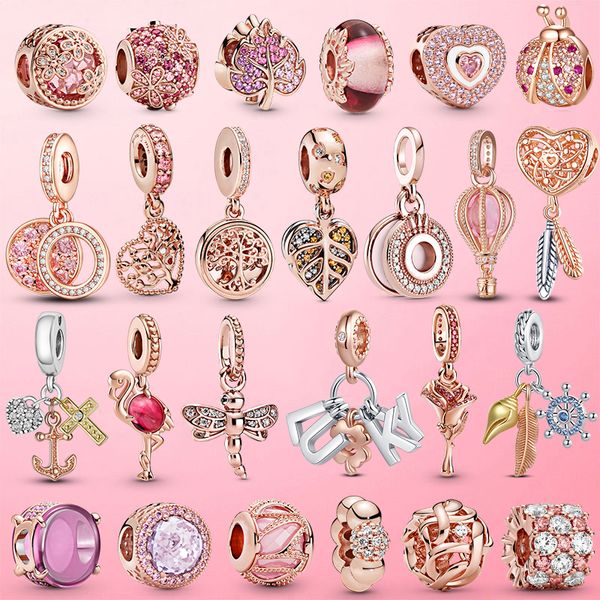 Abalorio de plata de ley 925 con forma de hoja de flamenco y flor rosa, cuentas de lujo CZ para pulsera Pandora, collar para mujer, regalo de joyería 925