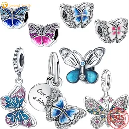925er-Sterlingsilber für Pandora-Charms, authentische Perlen mit Zitat, doppelter baumelnder Charm-Schmetterling, funkelnd
