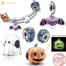 Argent sterling 925 pour breloques pandora authentique perle Glow-in-the-dark Spooky Pumpkin Necklace Halloween