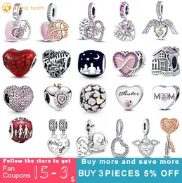 Plata de ley 925 para abalorios pandora, colgante de cuentas auténtico, pulseras para mujer, abalorio de Color familiar en forma de corazón