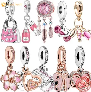 Argent sterling 925 pour pandora charmes authentique perle pendentif femmes Bracelets perles perles de verre de Murano belle rose coeur écouteur