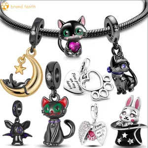 925 Sterling Silver pour pandora charms perle authentique femmes Bracelets perles Animaux Noir Pet Cat Paw Print Dangle