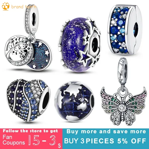 Argent sterling 925 pour les breloques pandora authentique perle Globe Travel Plane Pave Cubic Zirconia Butterfly Charm Astronaut Moon Star