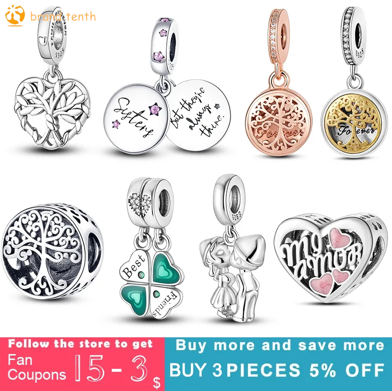 925 Sterling Silver för Pandora Charms Authentic Bead Family Gift Family Tree Charm Heart Dangle