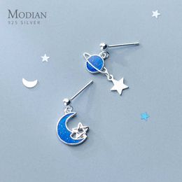 925 Sterling Silver Galaxy Stars Dangle Boucles d'oreilles pour femmes Blue Moon Planet Swing Fashion Bijoux Charm Drop Boucle d'oreille Cadeau 210707
