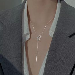 Collar cuadrado geométrico de Plata de Ley 925, cadena larga con borlas de una línea, accesorios de joyería de moda, regalo de cumpleaños