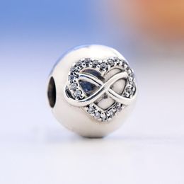 925 Sterling Silver Infinity Heart Clip Charm Avec Clear Cz Bead Fits European Jewelry Pandora Style Charm Bracelets