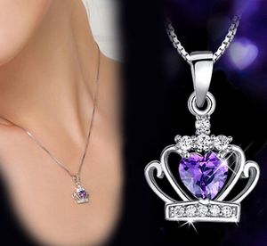 925 bijoux en argent Sterling couronne de cristal autrichien pendentif de mariage violet/argent collier de vague d'eau GB1460