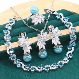 Ensemble de bijoux en argent sterling 925 pour femmes, bracelet de perles bleues, boucles d'oreilles percées, collier, pendentif, bague, cadeau de mariage, 4 pièces, 240103