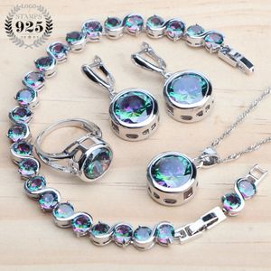 925 Sterling Zilveren Sieraden Sets Bruids Vrouwen Natuurlijke Magische Regenboog Zirkoon Oorbellen Ring Armbanden Hanger Bruiloft Ketting Set 240102