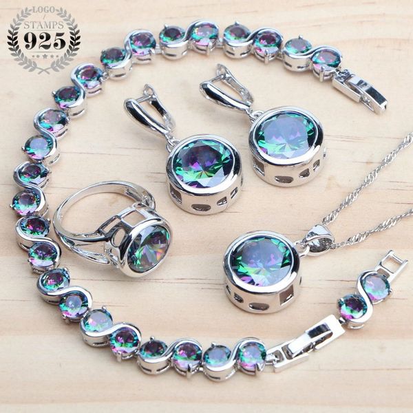 925 bijoux en argent sterling ensembles de mariée femmes naturel magique arc-en-ciel zircon boucles d'oreilles bague bracelets pendentif collier de mariage ensemble 240102