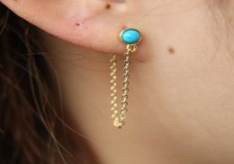 925 Sterling Silver Jewelry Single Round Turquoise Stud met Tassel Chain Elegance Romantic Women Tassel Earring Jewelry1198432