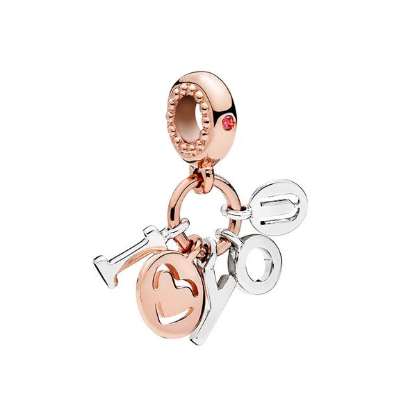 Pendentif lettre d'amour en argent sterling 925, perles en or rose avec boîte d'origine pour bracelet Pandora, colliers, fabrication d'accessoires de bijoux à faire soi-même