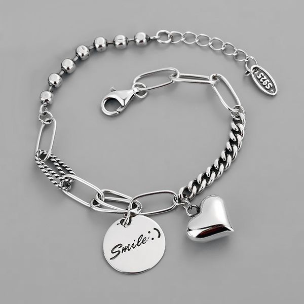 925 Sterling Silver Love Heart Pendentif Bracelet ins Femme Bijoux Rétro Thai Argent Épais Chaîne Ronde Lettre Bracelet