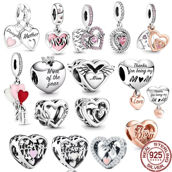 925 En Argent Sterling Je T'aime Maman Double Coeur Fendu Dangle Perles Breloque Ajustement Original Bracelet BRICOLAGE Femmes Bijoux Cadeau