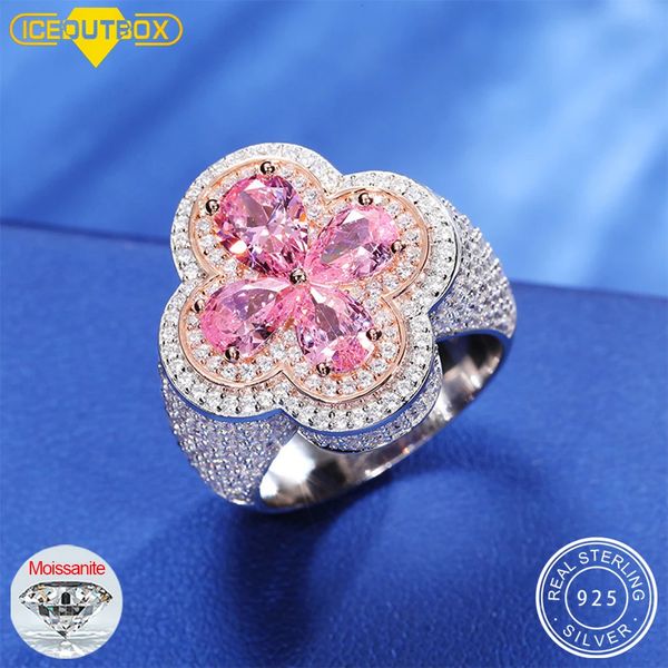 925 STERLING Silver Lucky Clover Ring con Pink Blue Water Drop de piedra helada Anillos de pareja para mujeres Regalos de hip hop 240510