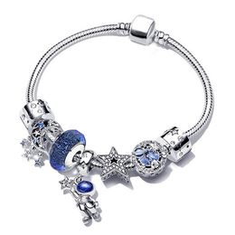 925 pulseras de diseño de lujo de plata esterlina conjunto astronauta estrella luna con cuentas encanto ajuste original Pandora colgante moda joyería del grano DIY regalo de las mujeres 16-21 CM