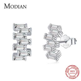 925 Sterling Argent Luxe Emerald Cut Stud Boucles d'oreilles pour femmes Clear CZ Hypoallergénique Épingles d'oreille Fine Bijoux 210707