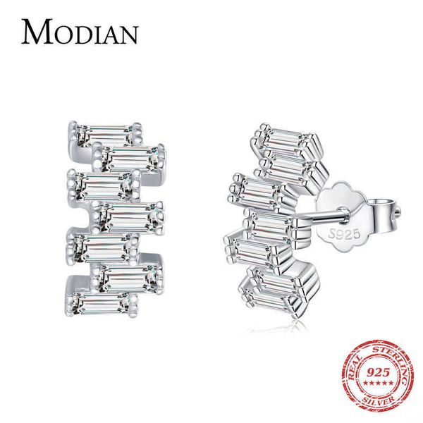 925 Sterling Argent Luxe Emerald Cut Stud Boucles d'oreilles pour femmes Clear CZ Hypoallergénique Épingles d'oreille Fine Bijoux 210707