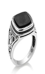925 Sterling Silver Men Ring met Suqare Natural Black Stone gesneden ontwerp Thaise zilveren ring voor vrouwen Men Turkse sieraden8773591