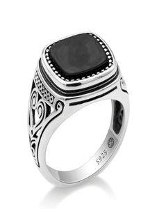 925 Sterling Silver Men Ring met Suqare Natural Black Stone gesneden ontwerp Thaise zilveren ring voor vrouwen Men Turkse sieraden5630571