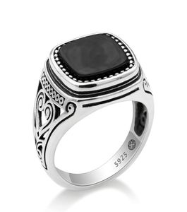 925 Sterling Silver Men Ring met Suqare Natural Black Stone gesneden ontwerp Thaise zilveren ring voor vrouwen Men Turkse sieraden7120838