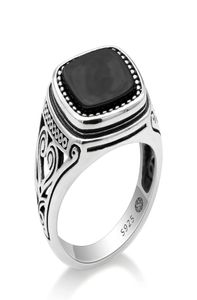 925 Sterling Zilveren Herenring met Suqare Natuurlijke Zwarte Steen Gesneden Ontwerp Thaise Zilveren Ring voor Vrouwen Mannen Turkse Sieraden1422319