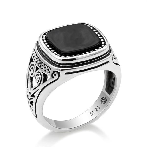 Bague en argent Sterling 925 pour hommes, avec pierre noire naturelle Suqare, Design sculpté, bague en argent thaïlandais pour femmes et hommes, bijoux turcs 326p