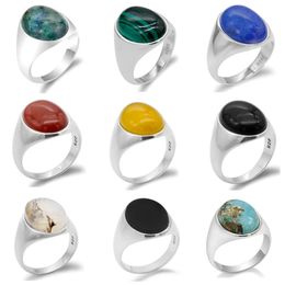925 Sterling Silver Men Ring avec turquoise / lapis lazuli / agate / malachite / onyx / phoenix pierre de bijourie simple aux femmes mâles cadeau 240509