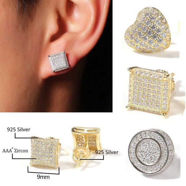 Pendientes de tuerca de plata de ley 925 para hombre Chapado en oro blanco Hip Hop CZ Zirconia cúbica Corazón cuadrado Amor Pendientes redondos Pendientes de oreja de rapero de diamantes helados para hombres