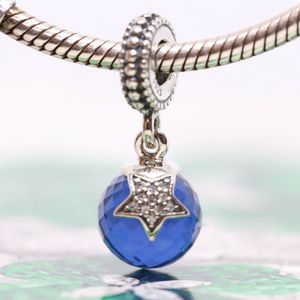 925 Sterling Silver Moon Star met middernacht Blue Cz Dange Charm Bead past Europese pandora -stijl sieraden bedelarmbanden
