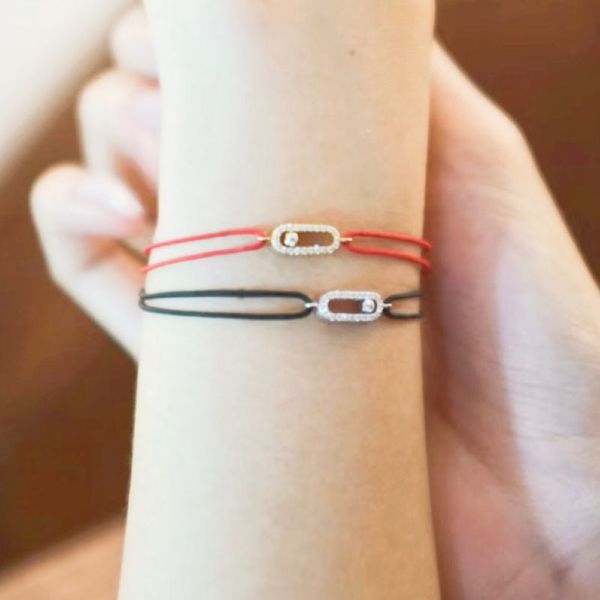 Brazalete de plata de ley 925 con movimiento para mujer, pulseras con dijes, buena versión con diamantes en movimiento, línea negra y roja