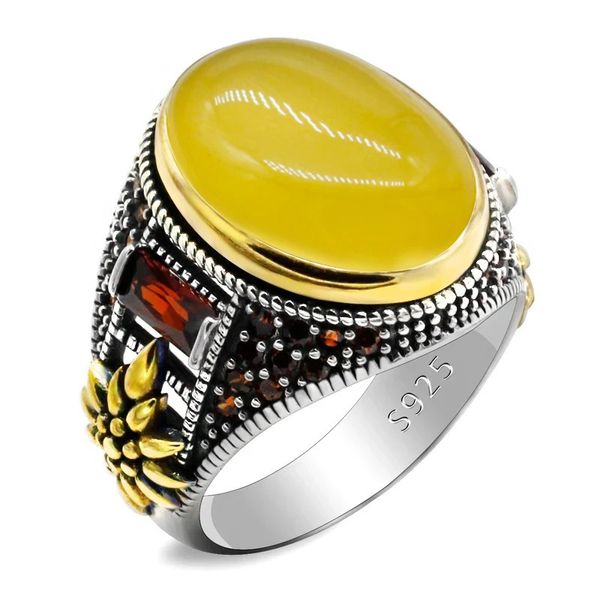 925 Bague d'onyx naturel en argent sterling pour hommes bijoux turcs mâles avec une agate jaune ovale Gol Vintage d'anniversaire Gift 240509