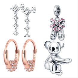 Plata de ley 925 Nuevo dije de moda para mujer Cuentas de dijes, Pendientes redondos brillantes, Colgante de dije de oso, Pulsera Pandora compatible, Cuentas