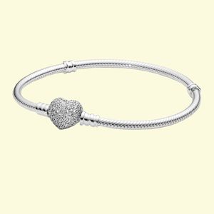 925 Sterling Silver New Fashion Women heldere hartvormige slangenketenarmband, compatibel met originele kralen en verjaardagscadeaus