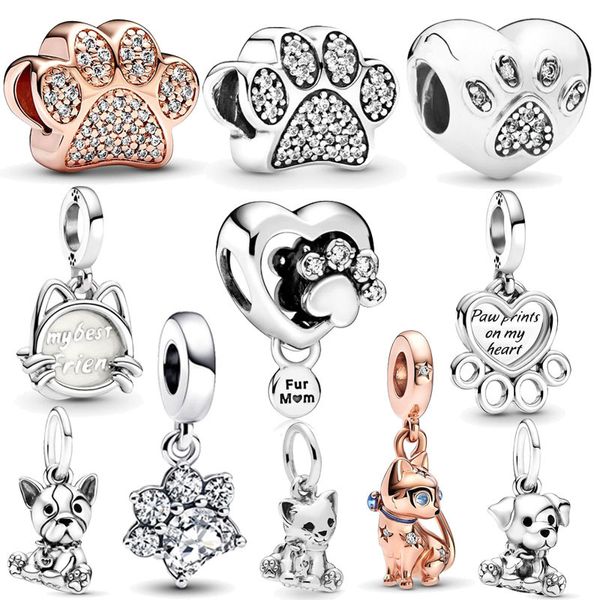 Pendentif en argent sterling 925 pour femme avec breloques en forme de chat, or rose, couleur chien, compatible avec le bracelet original, bijoux faits à la main.