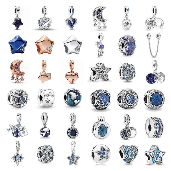 Pendentif étoile bleue en argent sterling 925, perles, compatible avec bracelet Pandora, collier, bijoux faits à la main, amulette d'astronaute, cadeau