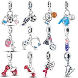 925 Sterling Zilver New Fashion Vrouwen Pandora Charm Beads World Football Games Football Dumbbell Yoga Geschikt voor armbanden en armbanden