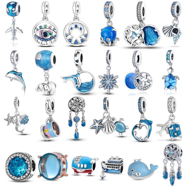 925 Sterling Silver New Fashion Femmes Pandora Charm Perles Charme Bleu Clair Papillon Requin Poulpe Tortue Perle Suspendue Convient pour Bracelets et Bracelets