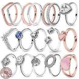 Anillo de plata de ley 925 para mujer, nueva moda, corona clásica, corazón brillante, anillo redondo adecuado para Pandora Original, un regalo especial para mujer