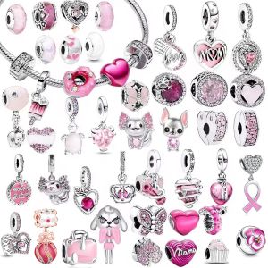 925 Sterling Silver Nieuwe Echte Pink Originele Charm Love Potion Murano Glass Hartvormige hangende hangende kralen Geschikt voor panarmbanden, sieraden Gratis verzending